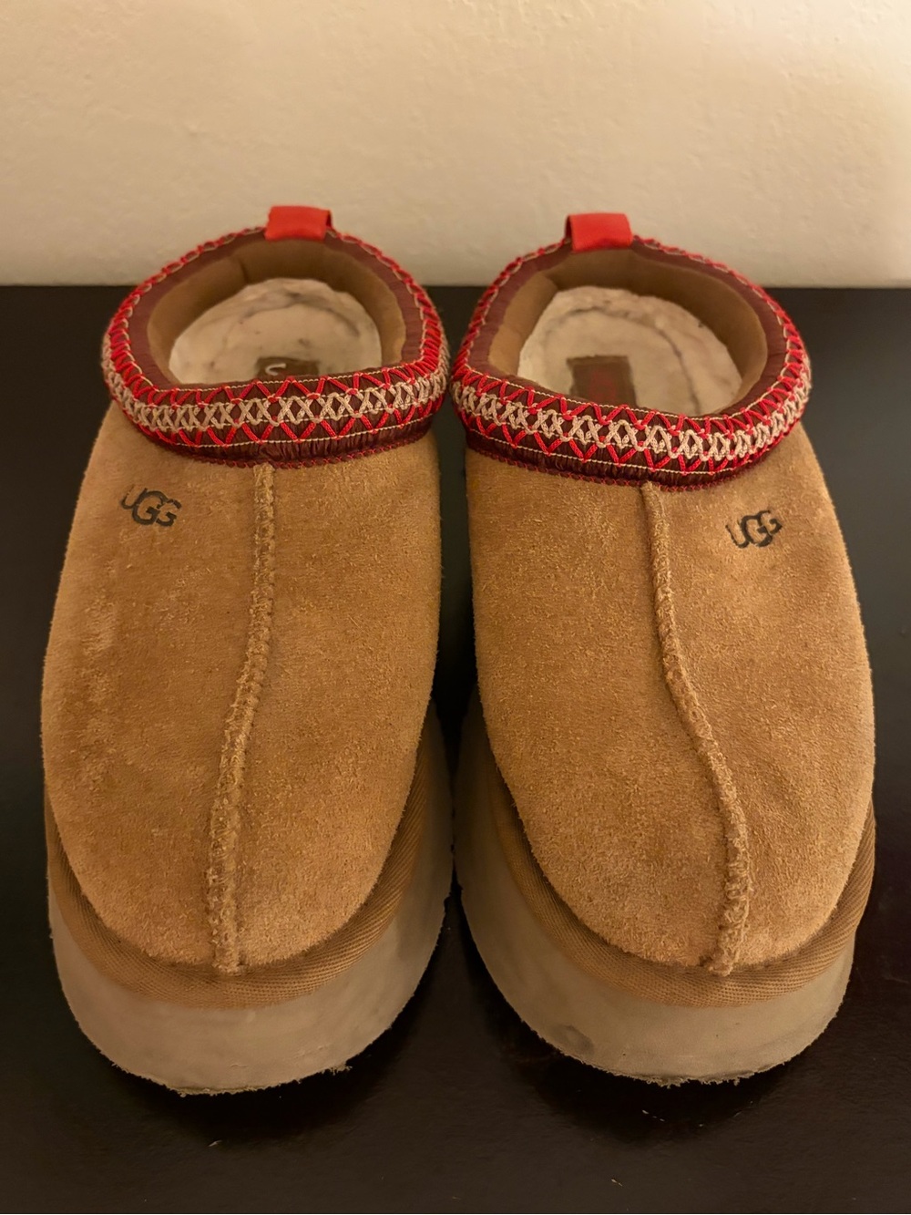 UGG Chestnut Suede Shearling Slip-On Clogs with Red Trim “Tazz Slipper”